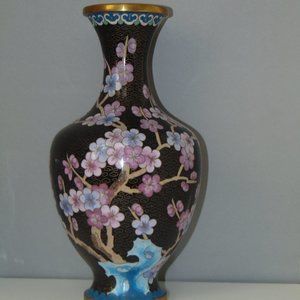 Vtg Lrg Chinese Cloisonne Brass Vase Black Turquoise Pink Prunus Flower BirdXLNT